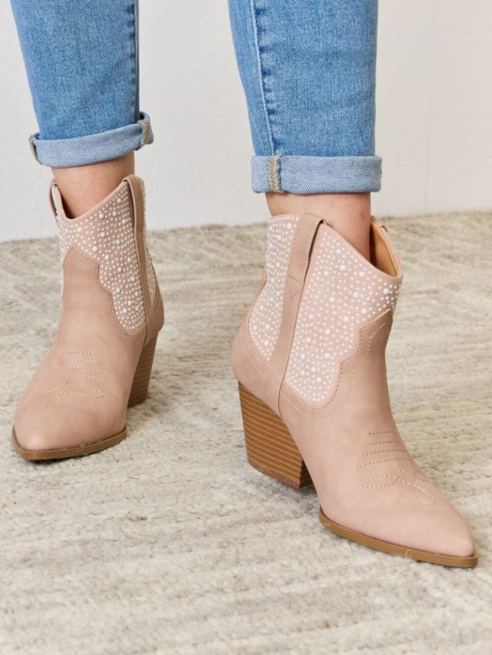 Blush Rhinestone Cowgirl Ankle Boots | Western Booties